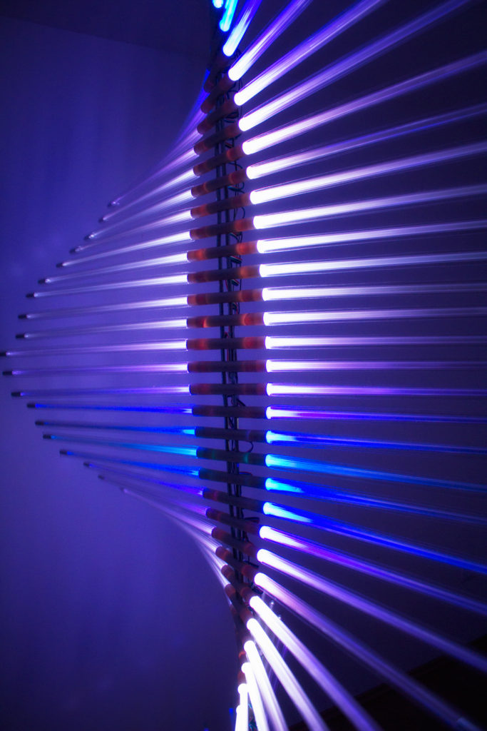 Real time data driven kinetic light and sound sculpture highly inspired by natural repeatability and wave movement.