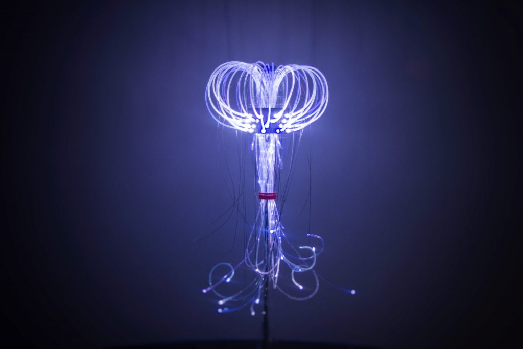 PETE Medusa is an interactive light and sound sculpture that have as the main element a common plastic (PETE) bottle.
