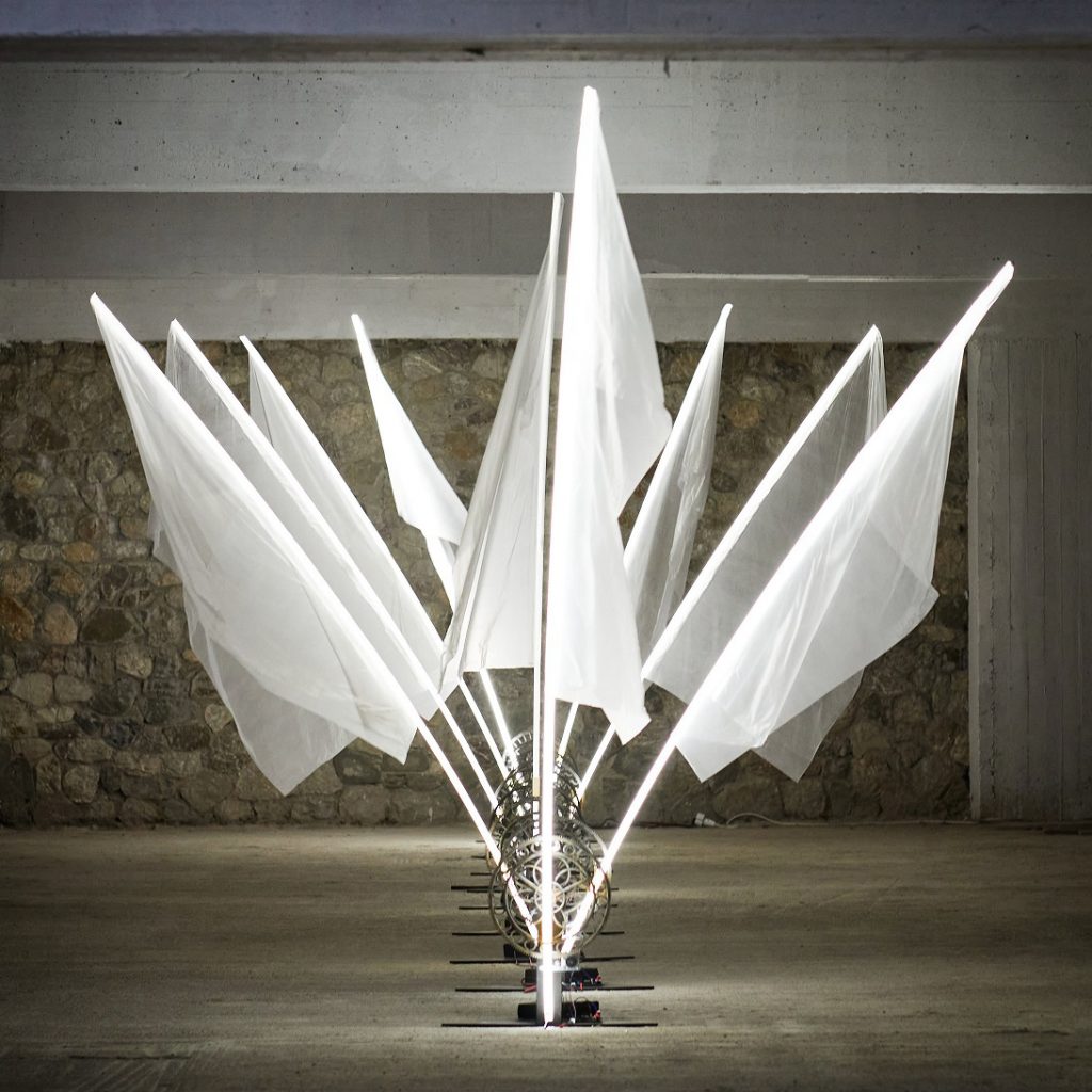 Images of traveling ships are recreated in this kinetic installation.